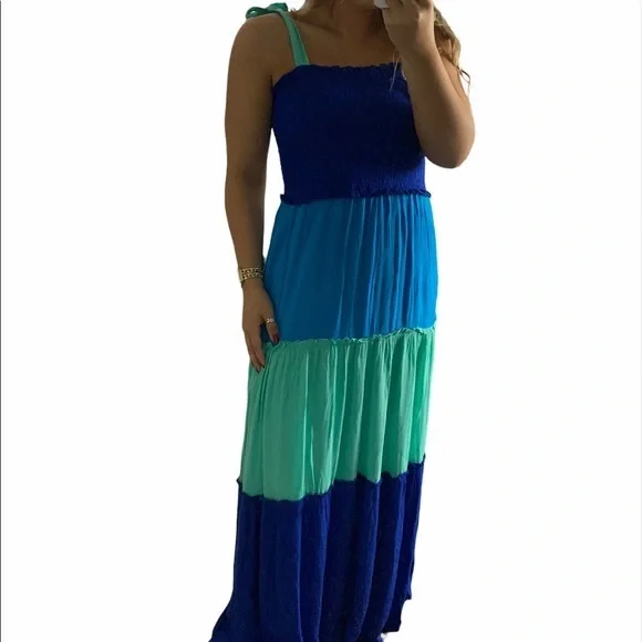 blue color block maxi dress Mittoshop Color Block Tiered Pull-On Maxi Dress BLUE MULTI / S by BLUE Zone Planet